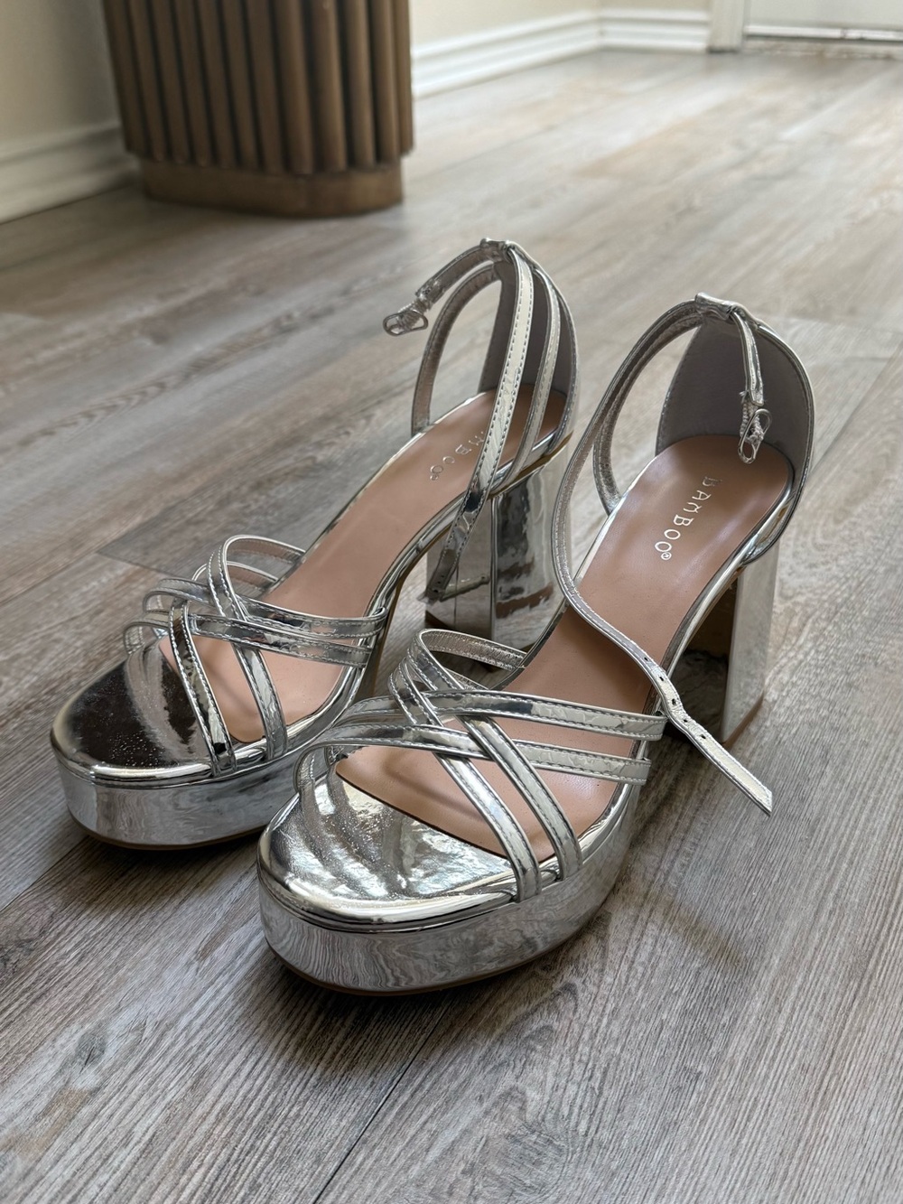BAMBOO Silver Metallic Platform Strappy Block Heels
